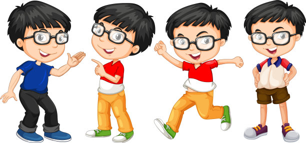 戴眼镜的男孩在四个动作图片下载