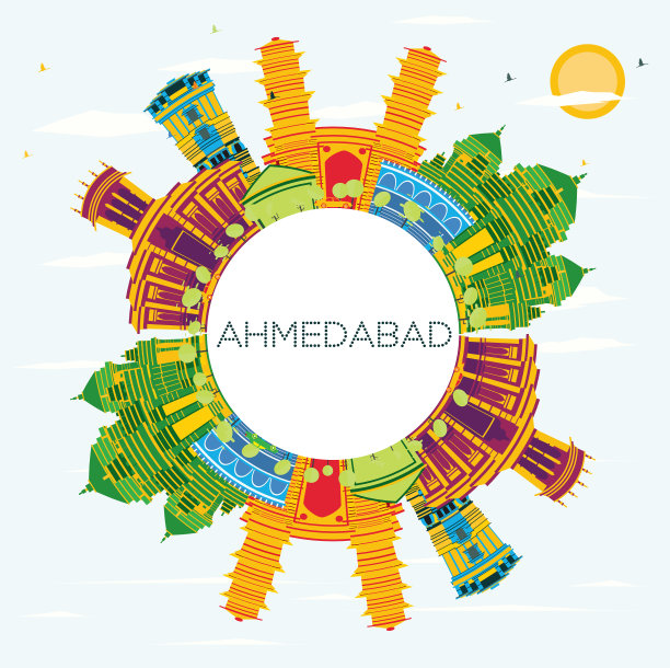 艾哈迈达巴德印度城市天际线与彩色建筑图片下载