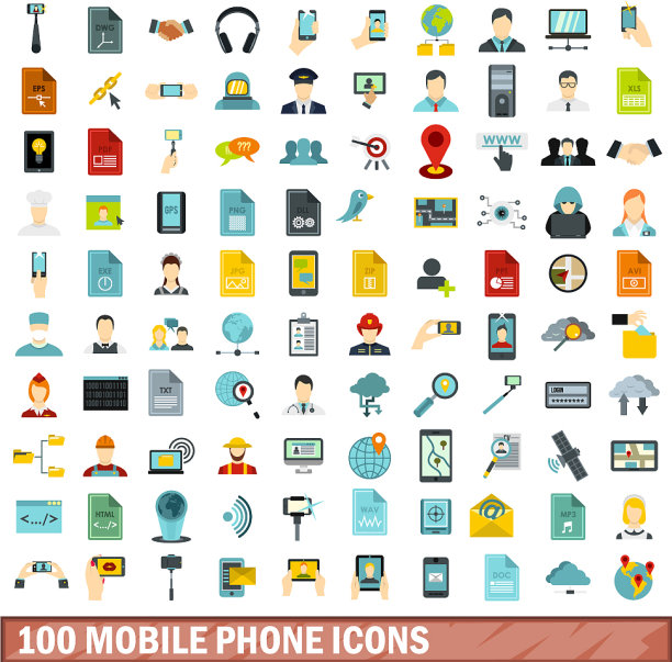 100个手机图标设置平面风格图片下载