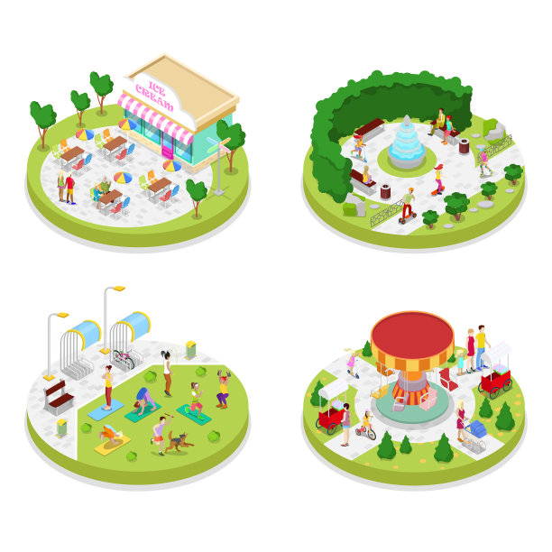 等距城市公园与步行的人图片下载