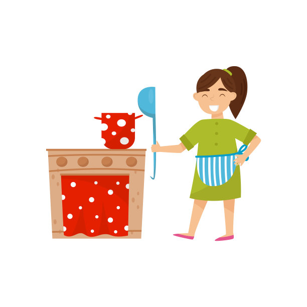 微笑的女孩玩纸板玩具厨房图片下载