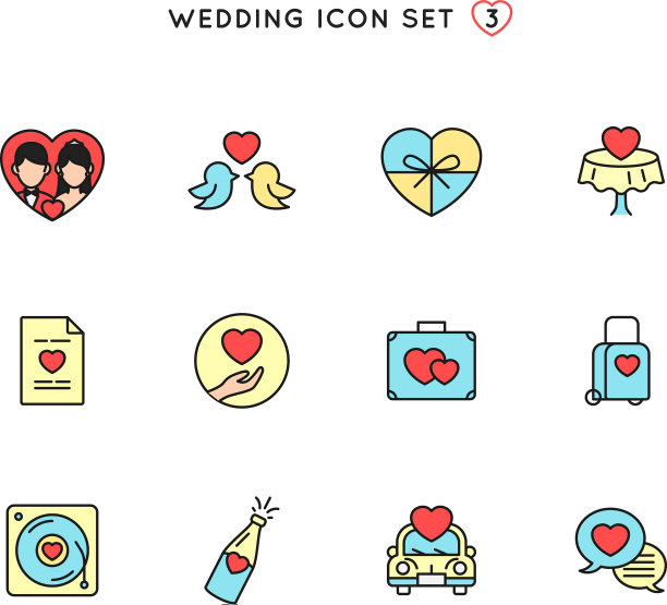 婚礼大纲图标设置平面颜色对象图片下载