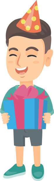 白人男孩戴着生日帽，拿着礼盒图片下载