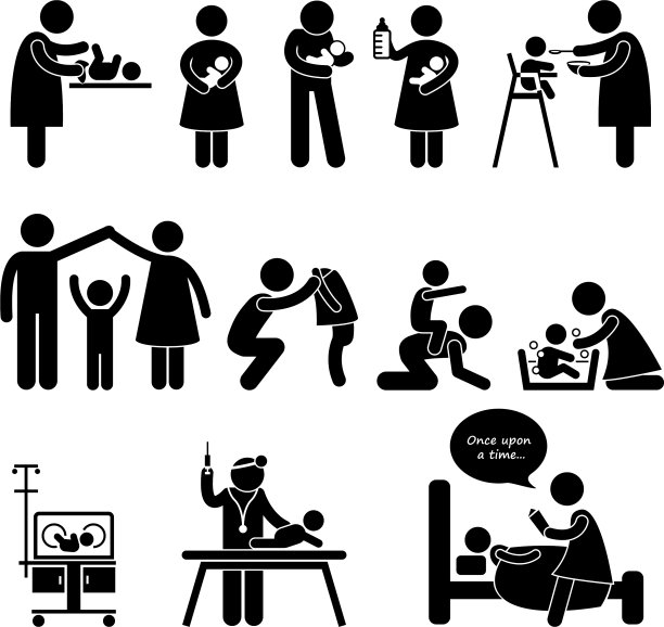 保姆，妈妈，爸爸，宝宝，孩子，看护的简笔画图片下载