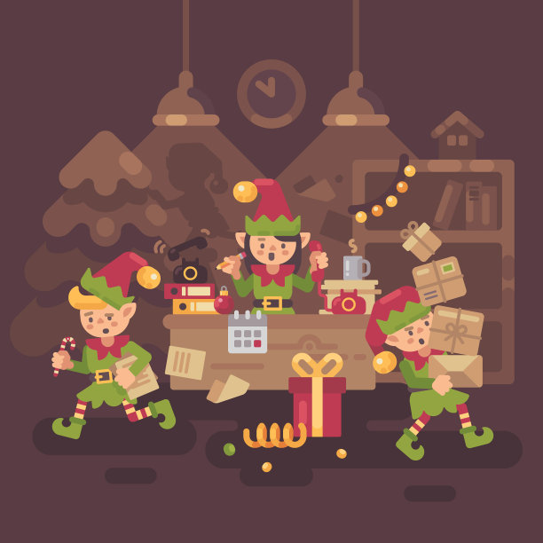 忙碌的圣诞老人扛着办公室的小精灵图片下载