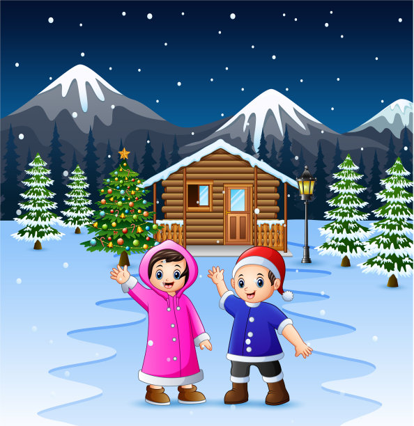 两个孩子在雪白的木头前挥手图片下载