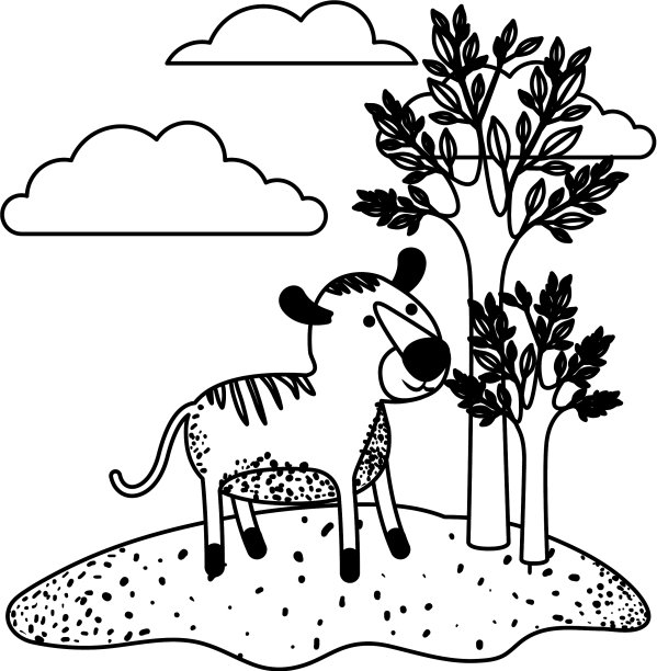 老虎卡通在户外的场景与树木和图片下载