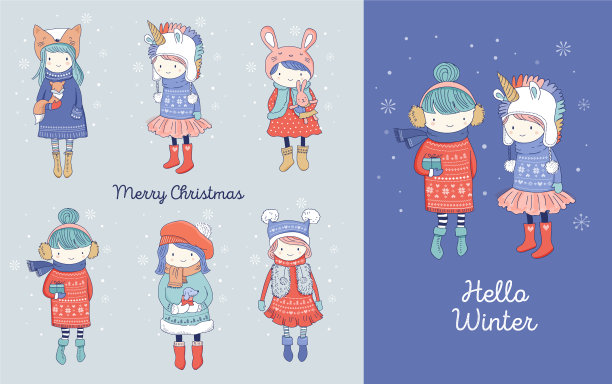 手绘的漂亮可爱的小冬女孩图片下载