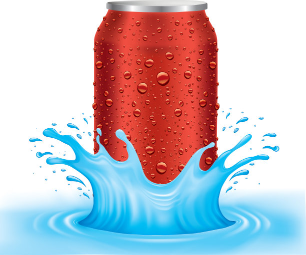 红色锡罐，有水滴在水中图片下载