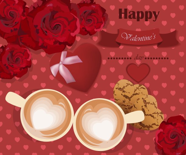 浪漫的玫瑰爱两个红心咖啡杯图片下载