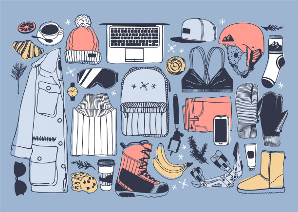 手绘时尚滑雪板的东西图片下载