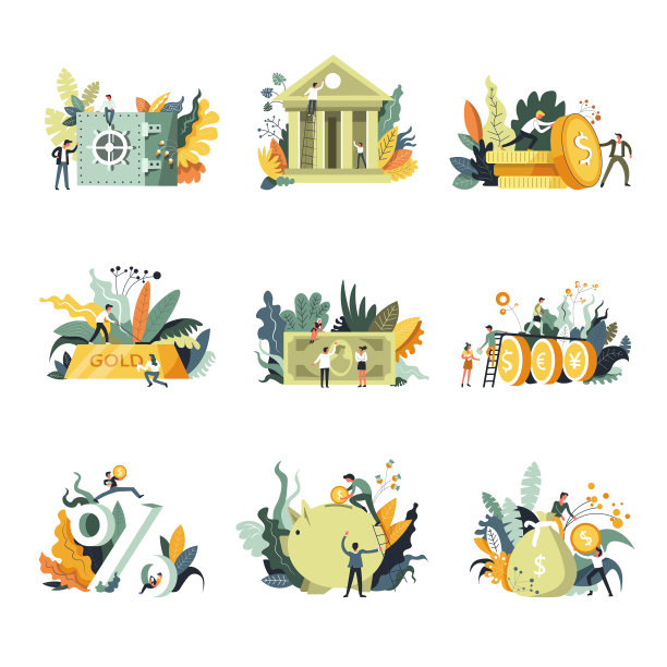 银行机构储蓄资金和纸币设置图片下载