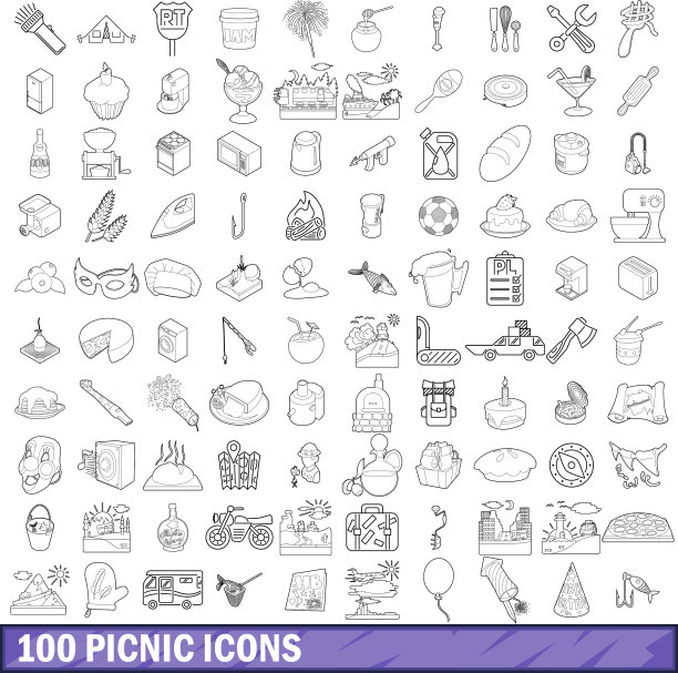 100野餐图标设置轮廓风格图片下载