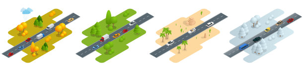 四张等距图片，道路与汽车在秋天图片下载