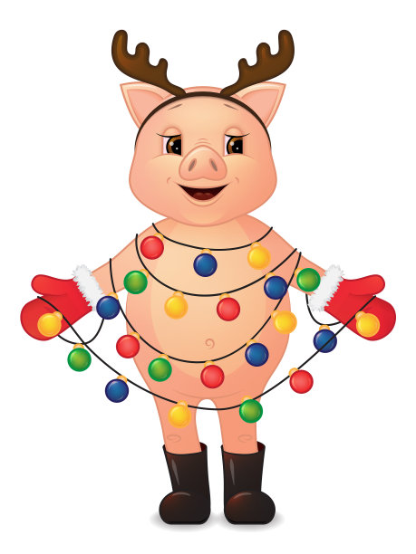 可爱的长着鹿角和圣诞花环的猪图片下载