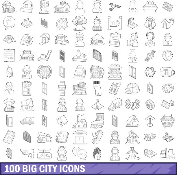 100个大城市的图标设置轮廓风格图片下载