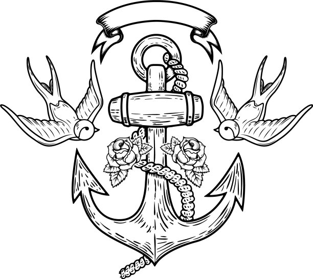 锚与燕子和玫瑰纹身设计图片下载