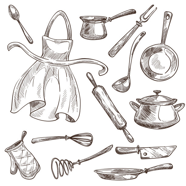 厨房用具及围裙、烹饪工具、平底锅及图片下载