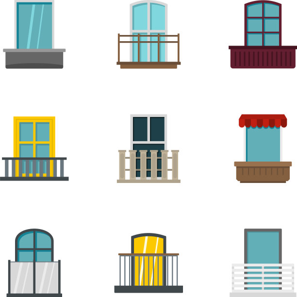 建筑阳台图标设置平面风格图片下载