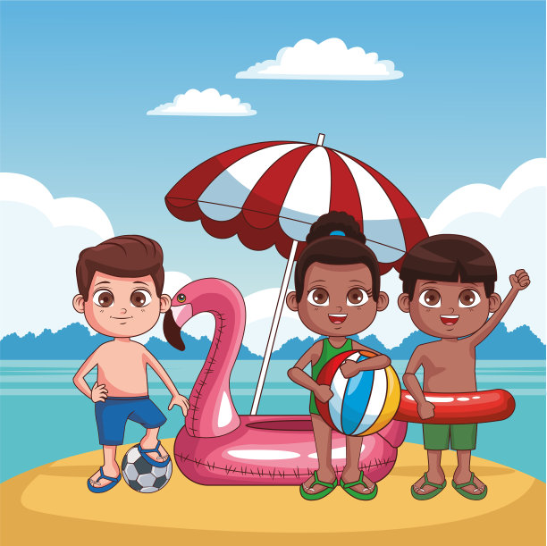 孩子和海滩可爱的卡通图片下载