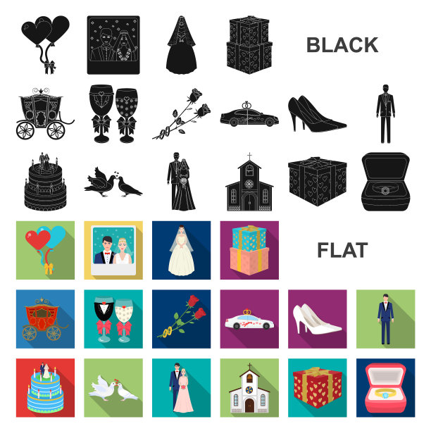 婚礼和属性平面图标设置图片下载