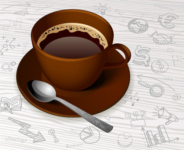 咖啡色杯与茶包和手绘业务图片下载