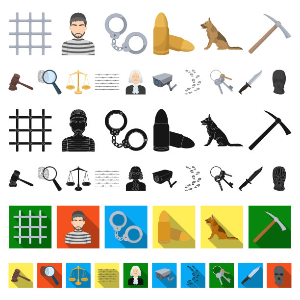 监狱和犯罪卡通图标的设置图片下载