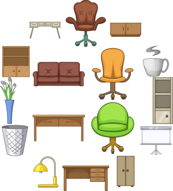 办公室室内家具图标设置卡通风格图片下载