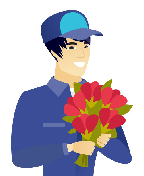 年轻的亚洲机械师拿着一束鲜花图片下载