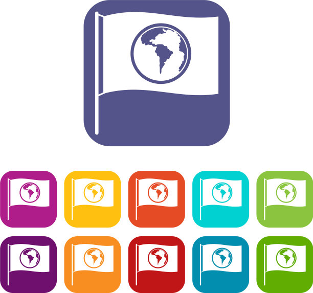 旗帜与世界行星图标设置平图片下载