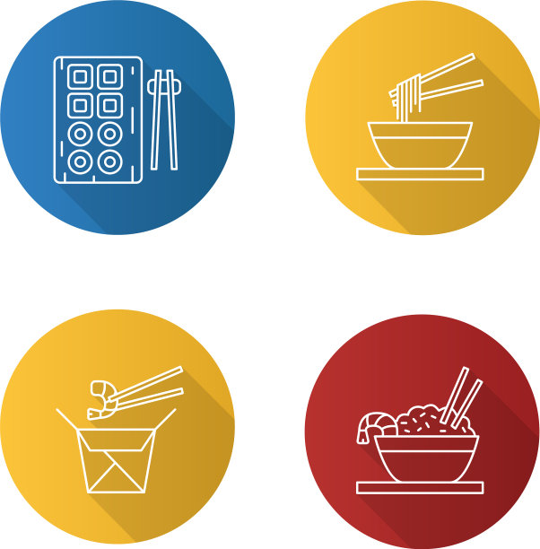 中国菜平面线性长阴影图标集图片下载