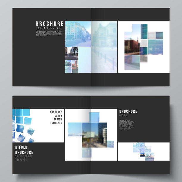 矢量布局的两个封面模板为方形双折宣传册，传单，杂志，封面设计，书籍设计，宣传册封面。抽象的设计项目，几何风格与蓝色方块。图片下载