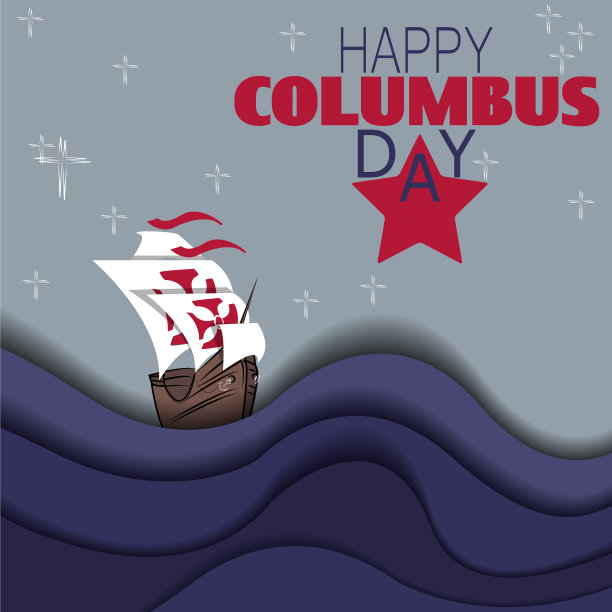 快乐哥伦布日背景与船和浪图片下载