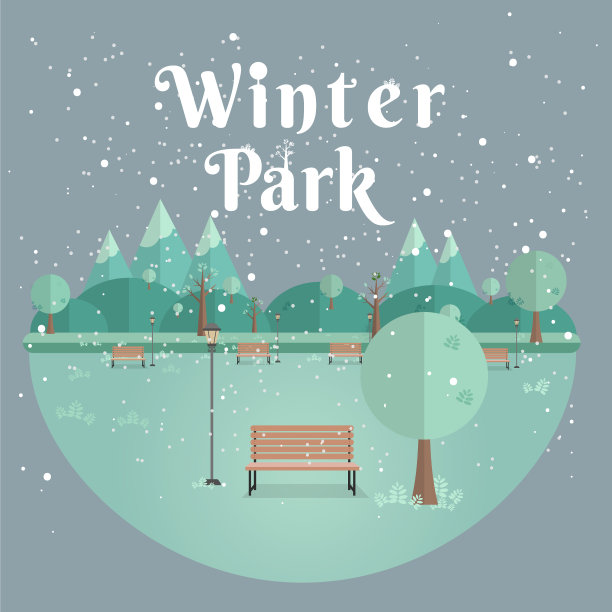 冬季公园自然景观采用扁平化风格图片下载