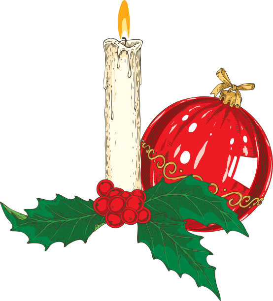 有槲寄生和红色小装饰品的圣诞蜡烛图片下载