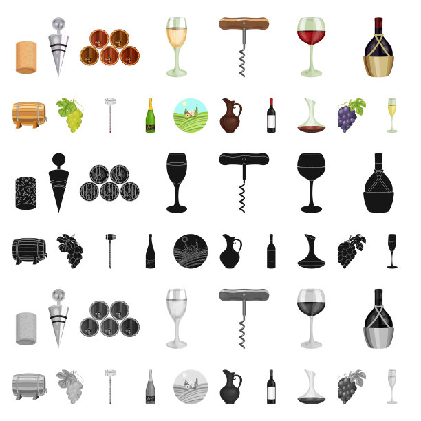 葡萄酒产品卡通图标集合图片下载