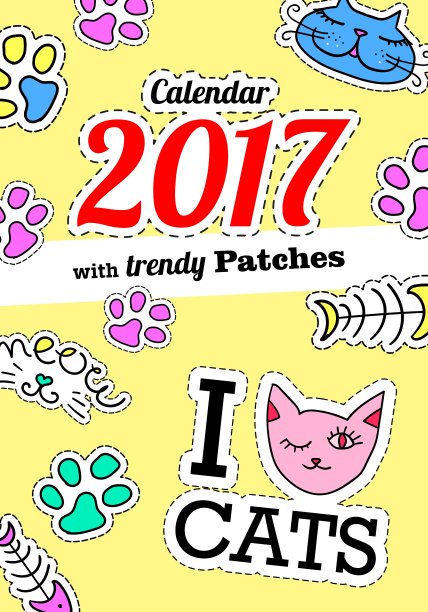 日历2017与猫在卡通80 -90年代漫画图片下载