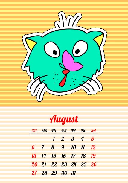 日历2017与猫8月在卡通80图片下载