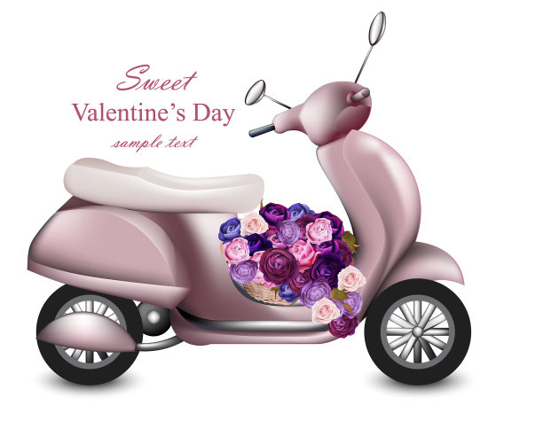 粉色滑板车和鲜花的情人节卡片图片下载