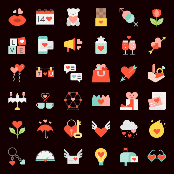 情人节和浪漫元素等平面图标图片下载