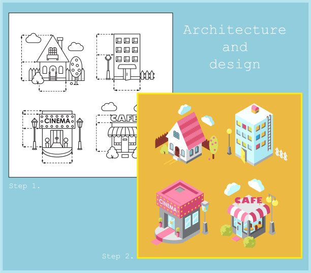 绘制平面风格和等距的建筑图片下载
