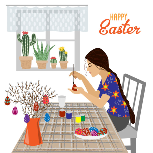 桌旁的女孩画复活节彩蛋图片下载