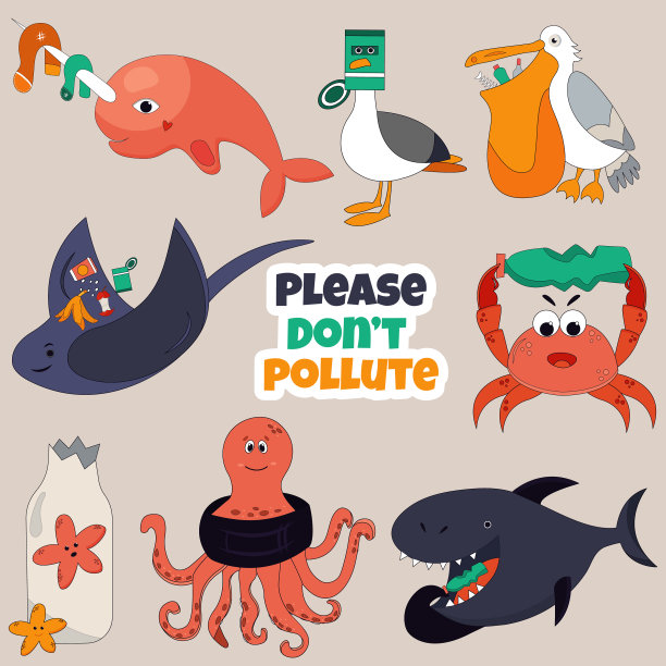 套生态动物杜绝海洋污染的概念图片下载
