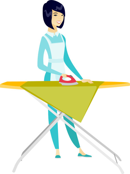 亚洲女佣在熨衣板上熨烫衣服图片下载