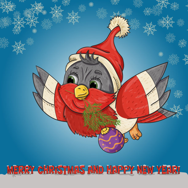 一只戴着圣诞老人帽子的黑鸟飞着图片下载