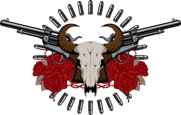 两支老式左轮手枪骷髅和玫瑰图片下载