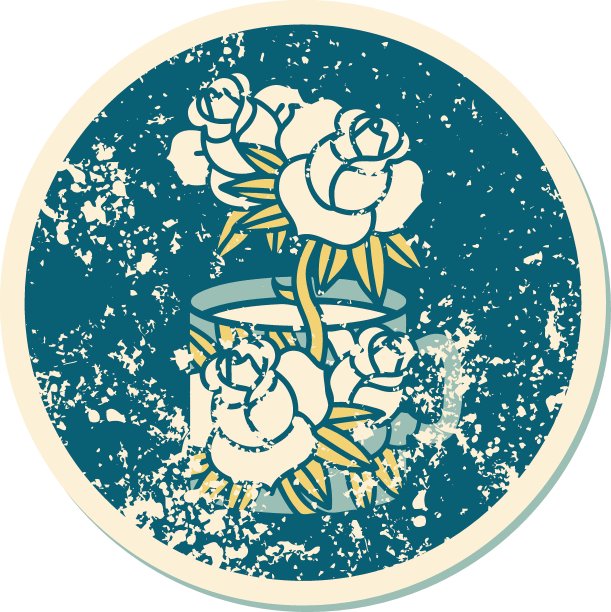 心疼贴纸纹身风格的图标，一个杯子和鲜花图片下载