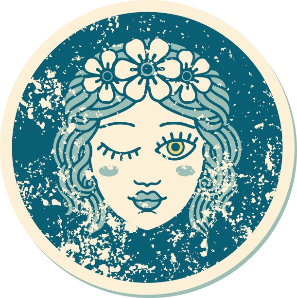 心疼贴纸纹身风格的一个少女的脸在眨眼图片下载