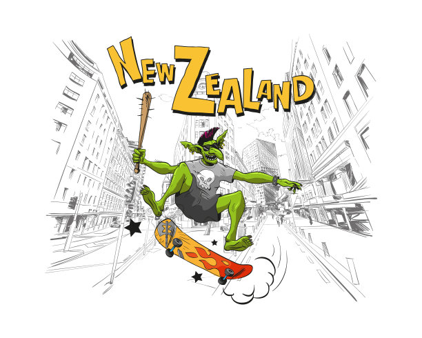 在惠灵顿市，巨魔在滑板上跳跃图片下载