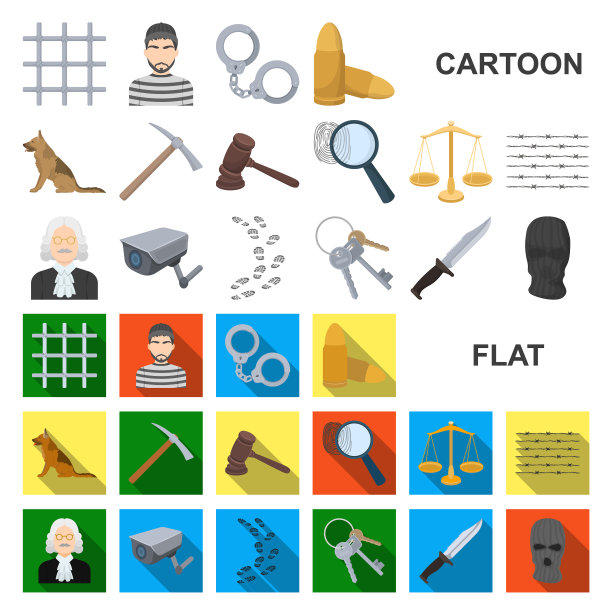 监狱和犯罪卡通图标的设置图片下载